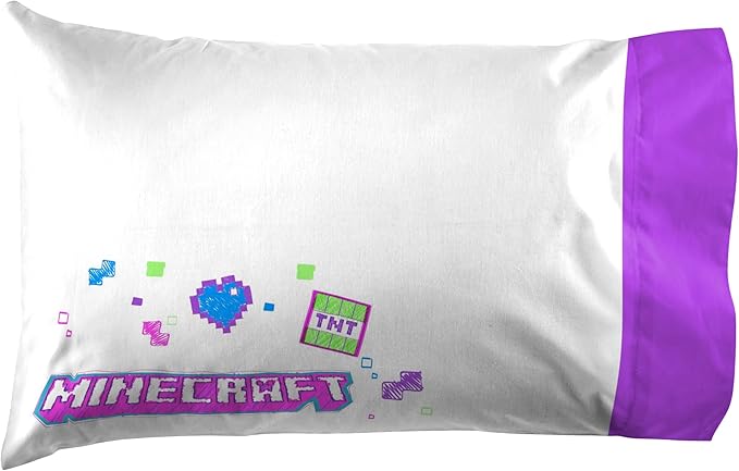 Jay Franco Kids Sheet Set with Fitted, Flat Sheets & Pillow Cover - Ultra-Soft Bedding with Pillowcase for Room Decor, Purple - Minecraft, 3 Piece Twin