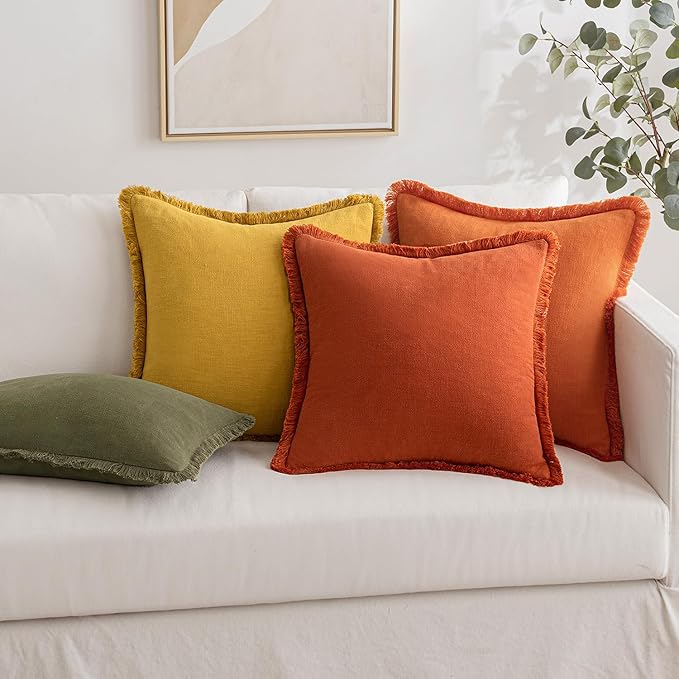 MIULEE Fall Decorative Throw Pillow Covers Neutral Linen Fringe Throw Pillows Set of 2 Burnt Orange Boho Farmhouse Cushion Covers with Tassels for Couch Sofa Bed Living Room Home Decor 18x18 Inch