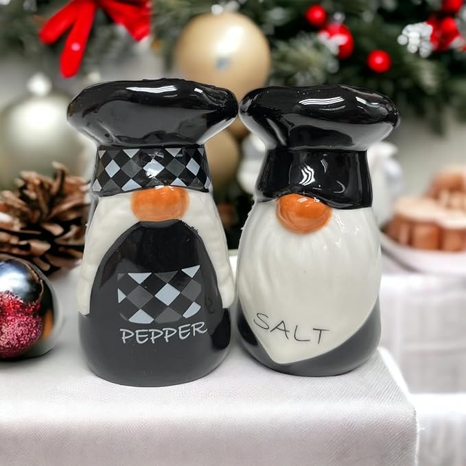 KARALIN Ceramic Salt & Pepper Shaker Sets Tabletop Accessories Cute Farmhouse Chef Design Housewarming gift with Gift Box ready (Black & White)