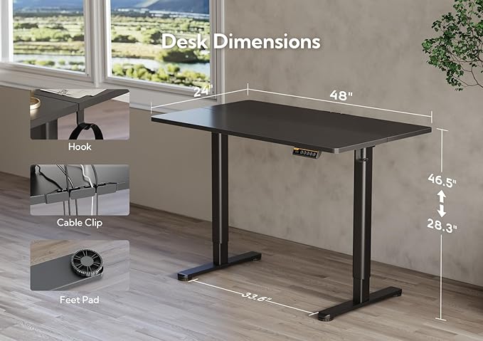 Claiks Electric Standing Desk, Adjustable Height Stand up Desk, 48x24 Inches Sit Stand Home Office Desk with Splice Board, Black Frame/Black Top