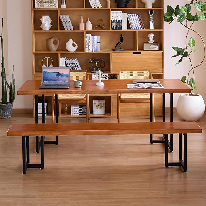 Solid Wood Administrative Desk, Dining Table with Durable Metal Legs, Uniquely Designed Leisure Table, Perfect for Restaurants and Home Offices, (Wood Brown, 62.99in)
