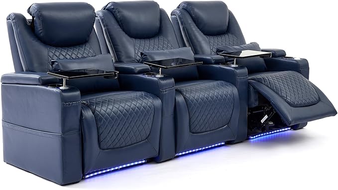 Home Theater Seating Seats, Theater Recliner Chair Sofa Game Movie Theater Chairs with 7 Colors Ambient Lighting, Lumbar Pillow, Side Pocket, Tray Table, Power Recline,Blue