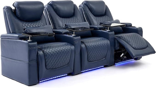 Home Theater Seating Seats, Theater Recliner Chair Sofa Game Movie Theater Chairs with 7 Colors Ambient Lighting, Lumbar Pillow, Side Pocket, Tray Table, Power Recline,Blue