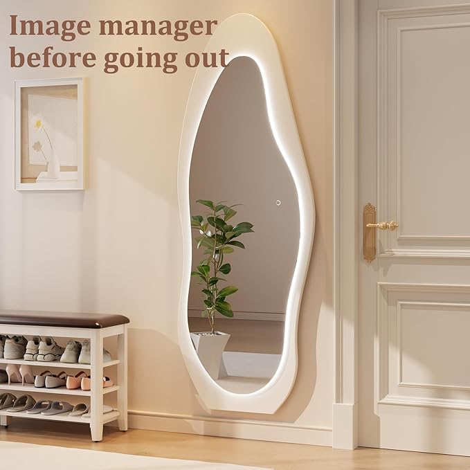 69"x 24" Wavy Mirror Full Length,Lights Irregular led Full Length Mirror, Shatter-Proof Hanging or Leaning Against Wall for Cloakroom/Bedroom/Living Room,Walnut (White)