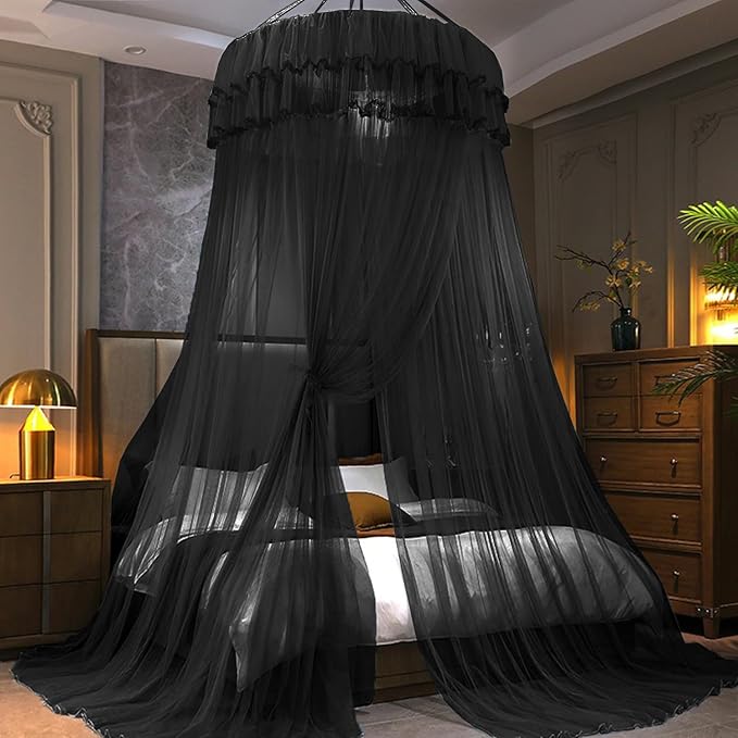 Kertnic Mosquito Net Bed Canopy for Girls, Princess Canopy Bed Curtain Fine Sheer Mesh Dome Bed Canopies, Kids & Adults Lace Tent for Twin Full Queen King Bed (Black)