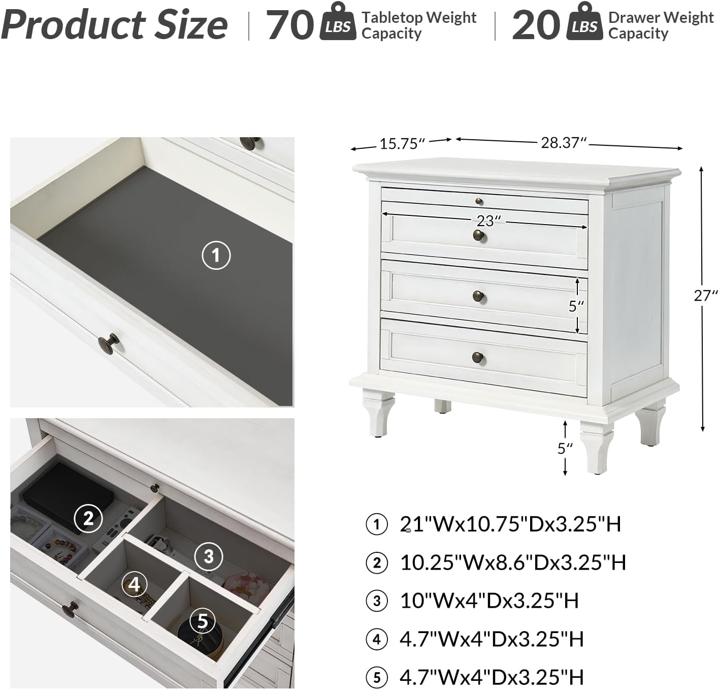 HULALA HOME Farmhouse 3 Drawer Nightstand with Tray, Drawer Organizer with Solid Wood Legs, Nightstand with Charging Station(White)