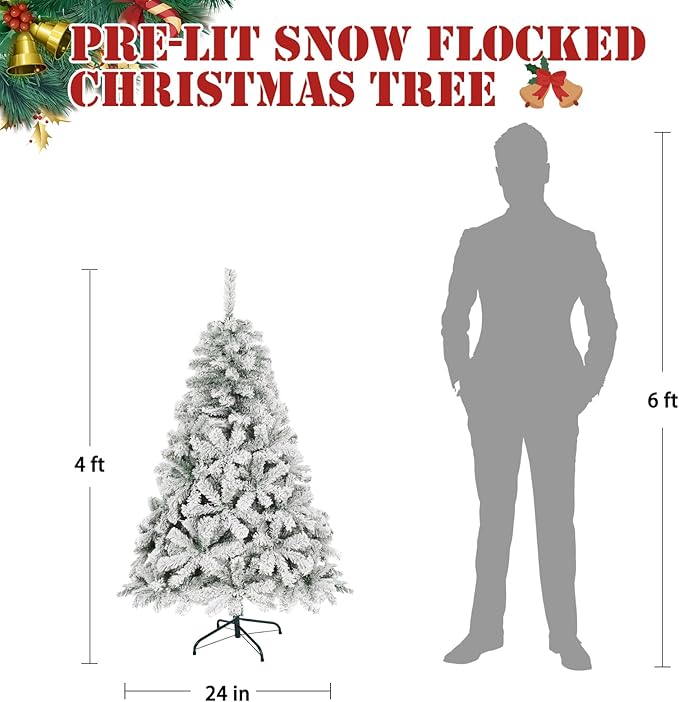 4FT Snow Flocked Christmas Tree, Small Artificial Holiday Xmas Tree with 450 Branch Tips, Foldable Stand for Holiday Party Decoration