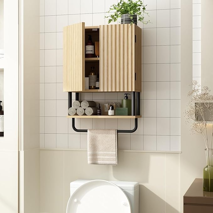 RUSTOWN Farmhouse Bathroom Wall Cabinet with 2 Door, 3-Tier Curved Profile Wooden Medicine Cabinet, Wall Mounted Storage Cabinet with Adjustable Shelf and Towel Bar (Natural, Small)