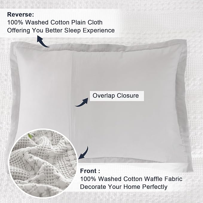 PHF 100% Cotton Ruffle Waffle Pillow Shams King Size, 2 Pack 20" x 36" Soft Skin-Friendly Pillowcases, No Filling, Aesthetic Home Decor, Breathable Waffle Weave Bed Pillow Covers, Light Grey