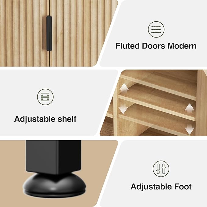Over The Toilet Storage Cabinet with Fluted Doors and Adjustable Shelf, Tall Bathroom Organizer with Metal Stand Space Saver Over Toilet , Wood Rack for Bathroom, Restroom, Laundry, Natural Oak