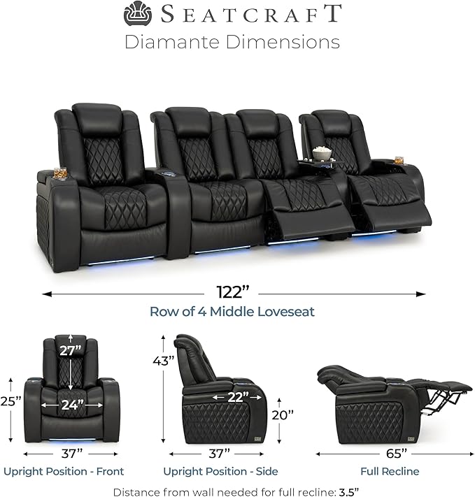 Seatcraft Diamante Zero-Gravity CoolZero Italian Leather Home Theater Seating, Power Headrest, Power Recline, Row of 4 Middle Loveseat, Black