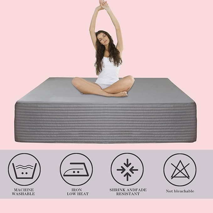 King Bed Skirt-Box Spring Cover with 14 Inch Tailored Drop,Wrinkle and Fade Resistant Hotel Wrap Around Bed Skirts，Bed Frame Cover (Horizontal Stripe Gray, King)