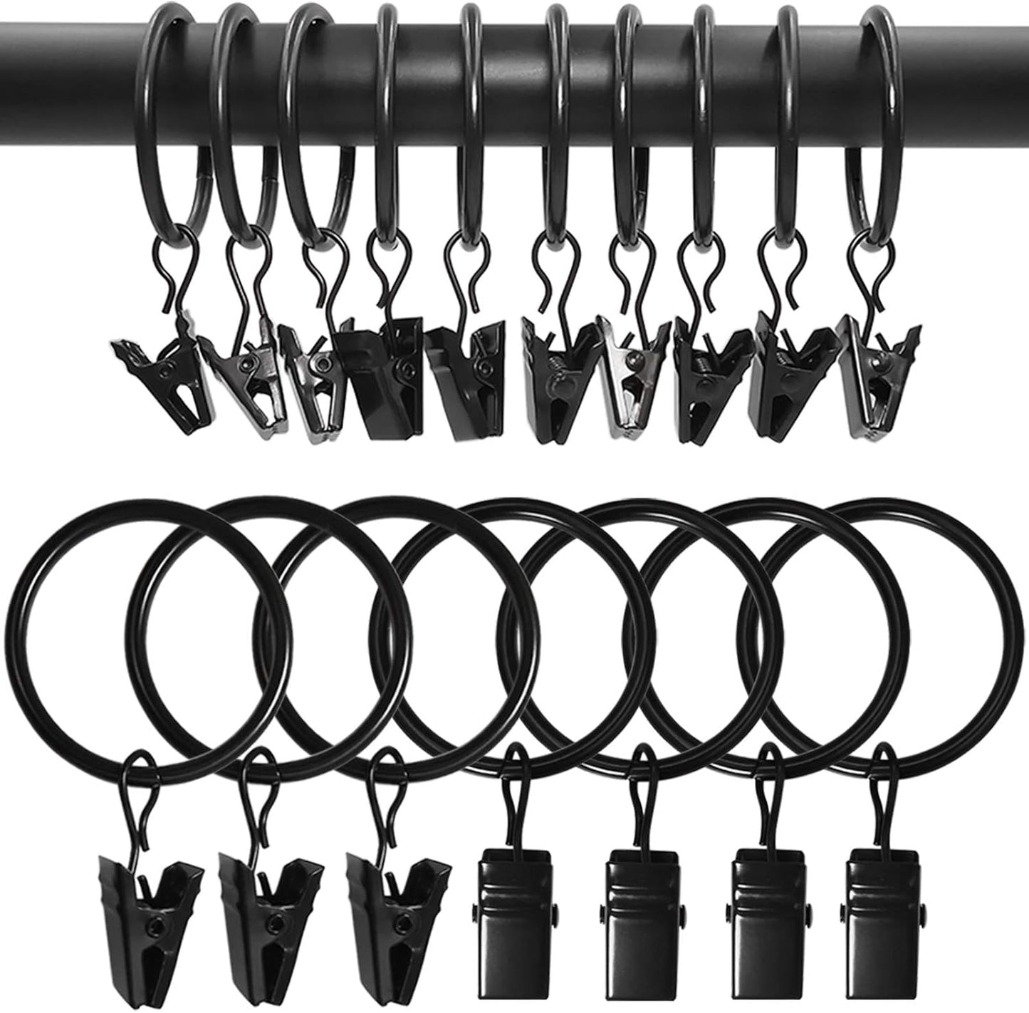 100 Pack Curtain Rings with Clips, Drapery Clips with Rings, Drapes Rings 1.26 in Interior Diameter, Fits up to 1 Inch Curtain Rod, Black