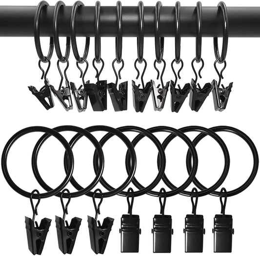 100 Pack Curtain Rings with Clips, Drapery Clips with Rings, Drapes Rings 1.26 in Interior Diameter, Fits up to 1 Inch Curtain Rod, Black