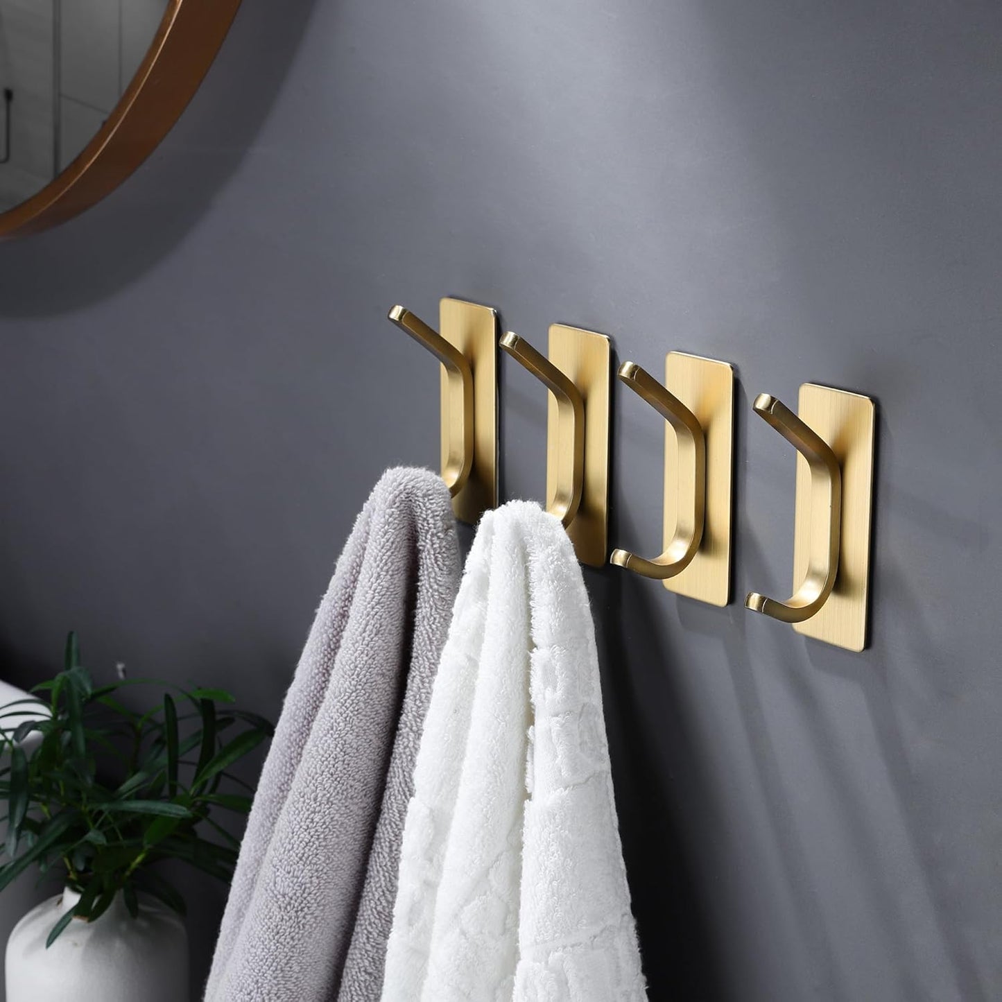 DELITON Gold Adhesive Hooks - 4 Pack Heavy Duty Stainless Steel Towel Hooks for Bathroom, Kitchen, No Drill Stick on Wall Hook for Hanging Robe, Coat, Clothes