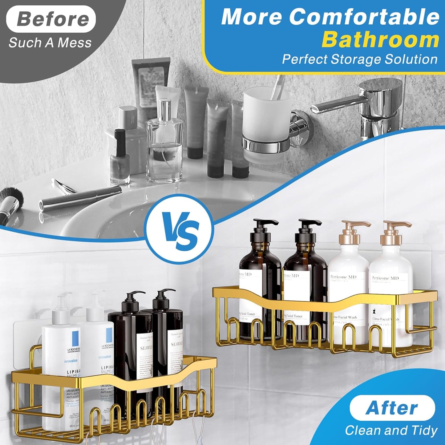 Shower Caddy 2 Pack, Adhesive Organizer for Bathroom Storage, Home Decor & Kitchen, No Drilling, Rustproof Stainless Steel Shelf, Bathroom Decor Sets