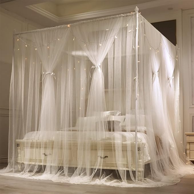 VETHIN 4 Corners Post Princess Bed Canopy Curtain Double Layer Cozy Drape Netting 4 Opening Mosquito Net for Girls & Adults Bedroom Decoration Accessories (Double White, 59" W*82" L*82"*H/(Queen))