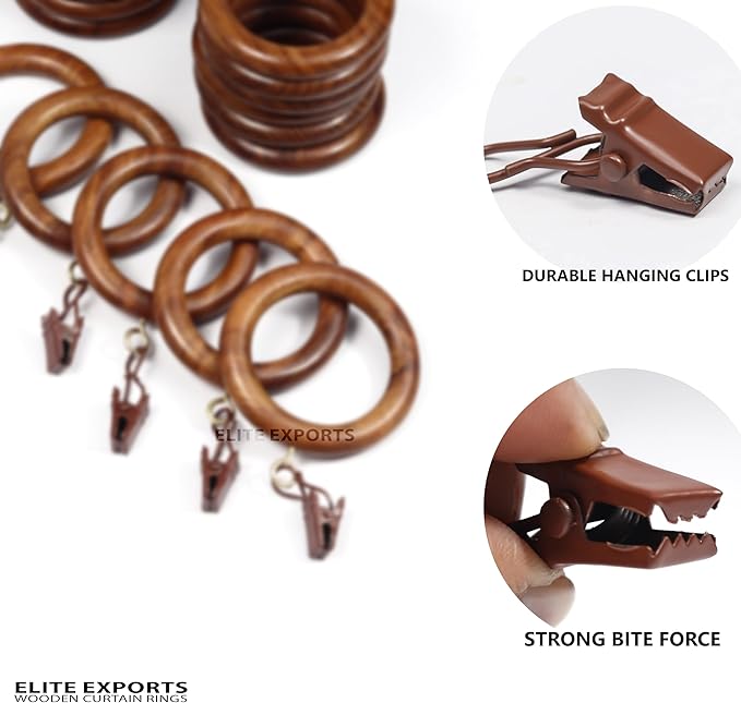 50 Pcs Curtain Rings with Clips Wooden, 3.5 inch for 1.5-2.5 inch Rod, Window Shower Curtain Hooks, Wood Curtain Rod Wood Curtain Rings with Eyelet, Drapery Rings, (50, 2.7 INCH Inner Dia)