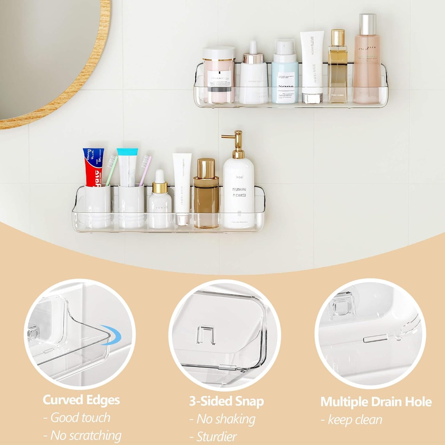 UDD Acrylic Shower Caddy Adhesive Shelf, 2pc Plastic Shower Organizer with Self Adhesive Tape, No Drilling Clear Wall Mount Shower Shelves for Bathroom Kitchen, Clear