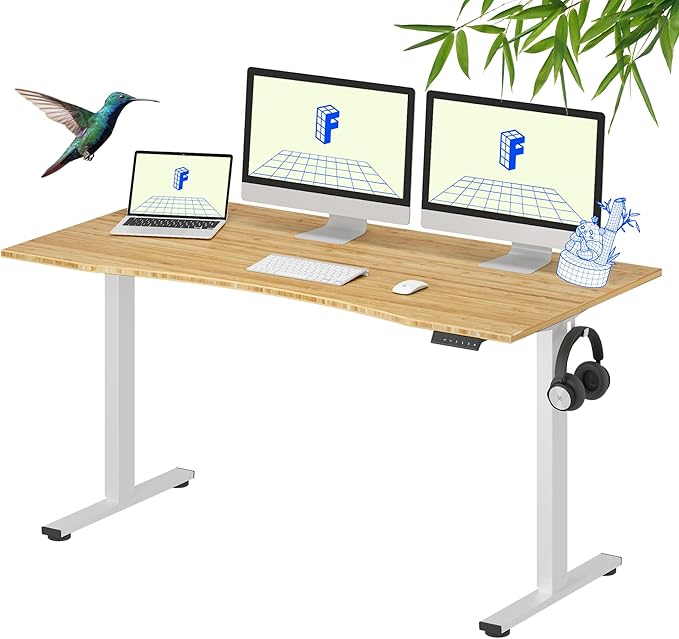 FLEXISPOT EN1 Bamboo Standing Desk, 60 x 30 Inches Whole-Piece Electric Adjustable Height Sit Stand Desk (White Frame + Bamboo Curved Desktop, 2 Packages)