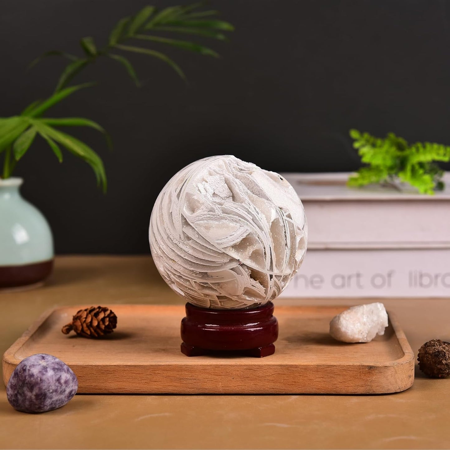 JIC Gem Large Mexican White Agate Crystal Sphere with Stand Gemstone Decorative Ball for Home Decor Altar Reiki Crystal Gift 80-90mm