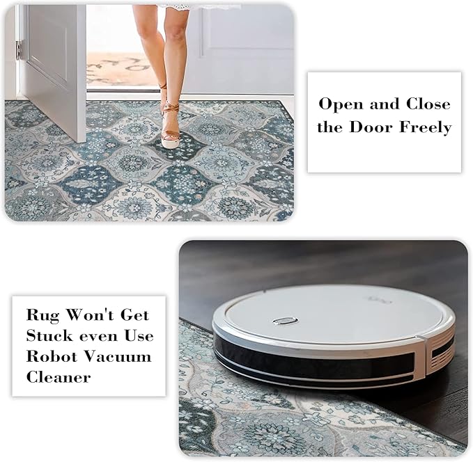 Lahome Moroccan Trellis Small Area Rug, 2x4 Rugs for Entryway Non-Slip Vintage Ultra-Thin Washable Indoor Door Mat Distressed Throw Carpet for Bathroom Kitchen Bedroom, Blue