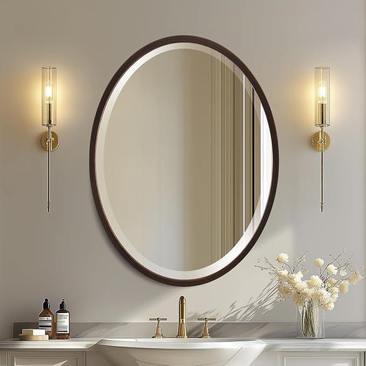 OVALCREST - Oval Wooden Beveled Wall Mirror for Home Decor, Bathroom, Vanity, Bedroom, Living Room, Hallway - London Style (Rubbed Bronze) 17.1 x 21.1