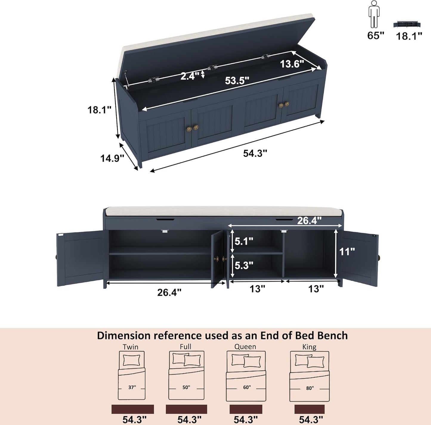 HOMEFORT 54.4" Shoe Bench with Lift Top Storage, Entryway Bench with Cushioned Seat, Wooden End of Bed Bench, Shoe Cabinet Bench with Hidden Storage Space, for Bedroom, Hallway,Blue