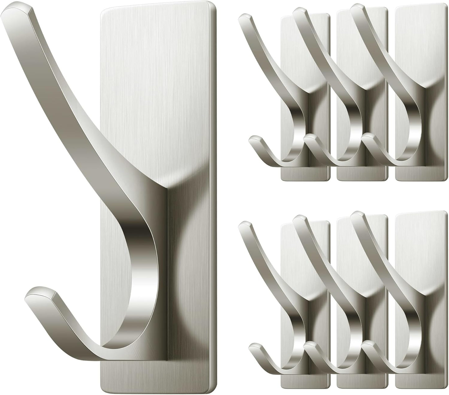 Self Adhesive Coat Hooks for Hanging: Heavy Duty Stainless Wall Hook for Towel, Backpack, Hat, Sturdy Metal Hanger for Bathroom, Bedroom, Door, Brushed Nickel, 6-Pack
