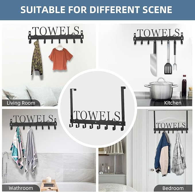 Over The Door Hooks, Towel Rack for Bathroom Towel Holder for Hanging Heavy Duty, Wall Mount Towel Hanger with 8 Hooks for Bedroom Bathroom Pool Kitchen Towels, Bag, Coats, Black