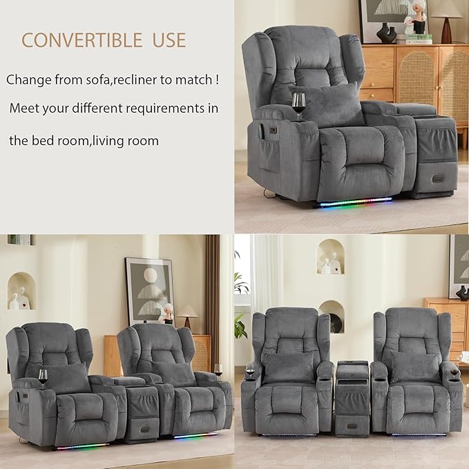 Recliner Side Table for Power Recliner Chair, Home Theater Seating Electric Recliing Sofa with Massage & Heat, Cup Holder, USB Port, LED Ambient Light, Storage (Grey, Console Table Only)