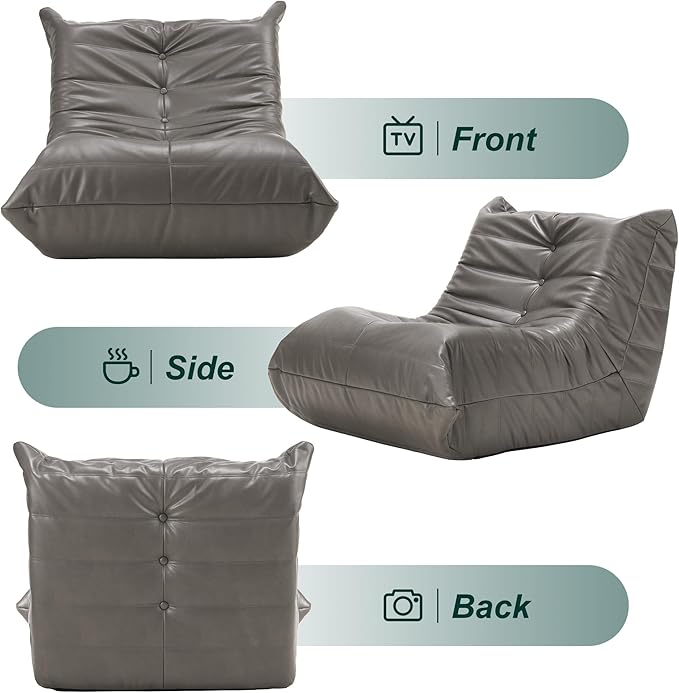 Hobestluk Giant Bean Bag Chair Lazy Floor Sofa, Memory Foam Fireside Sofa for Adults, Big Beanbag Faux Leather Armless Chair for Living Room Bedroom Dorm Office (Grey, Single)