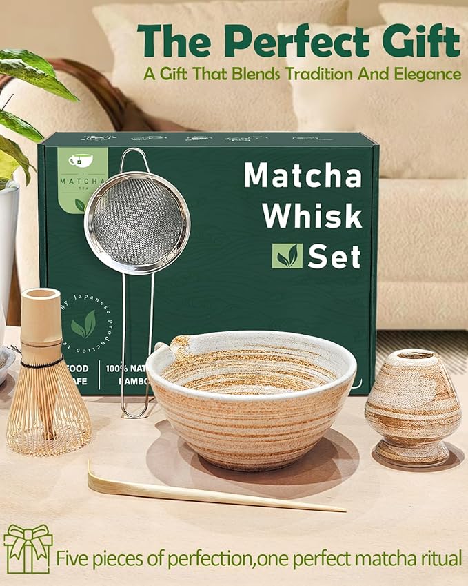 Matcha Whisk Set with Matcha Bowl, Matcha Whisk Holder Matcha Bamboo Whisks, Scoop, Sifter, Unique Gifts for Women Men Girl Friend Home Kitchen Decor Gifts for Tea Enthusiasts Christmas