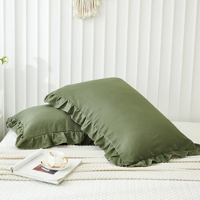 Merryword Olive Green Pillow Shams Standard Pillowcases 20x26inch Dark Green Ruffle Cute Pillow Cover Set of 2 Shabby Chic Soft Microfiber