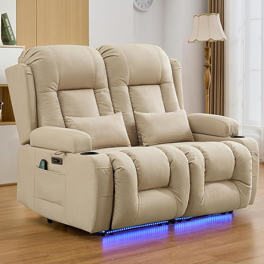 IPKIG 54" Power Reclining Loveseat Sofa, Electric Home Theater Seating with 4 Colors Ambient Lighting/USB Ports/Cup Holders for Living Room, Bedroom, Home, Rvs (Beige, 2 Seater)