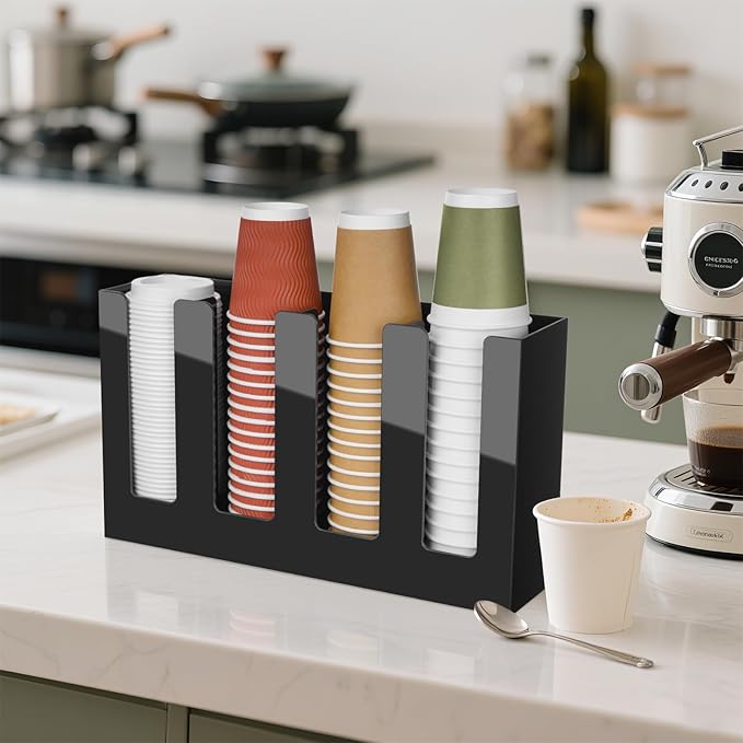 MYITYARD Coffee Cup Holder, Cup and Lid Organizer fits 5 to 16 oz Disposable Paper & Plastic Cups, Cup Dispenser Countertop, Acrylic Cup Storage for Home, Kitchen, Office (4 Compartment)