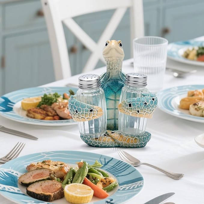 Hodao ocean animals indoor home decorations sea turtle decorative figurines kitchen organization and storage-Ocean Theme kitchen decor salt and pepper shakers holder set ocean animal gifts (Turtle)