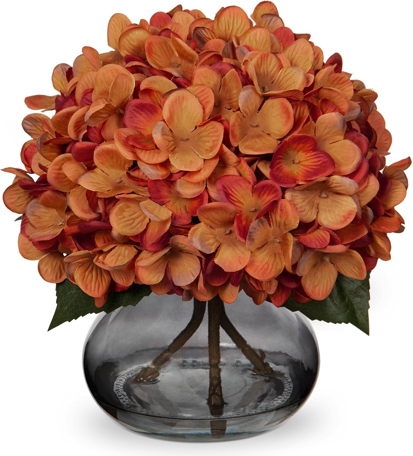Hollyone Fall Hydrangea Artificial Flowers for Decoration with Vase Orange Silk Fake Flowers Arrangements in Glass Vase with Faux Water Faux Autumn Festival Table Centerpiece Home Decorations for Home