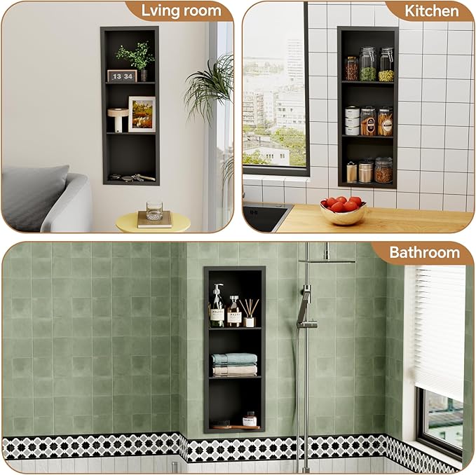 3-Tier Stainless Steel Shower Niche Insert, 36'' * 12'' No Tile Needed Bathroom Niche for Shower Wall, Recessed Wall Cabinet Shelves for Drywall, Living Room, in Wall Shower Shelves, Black