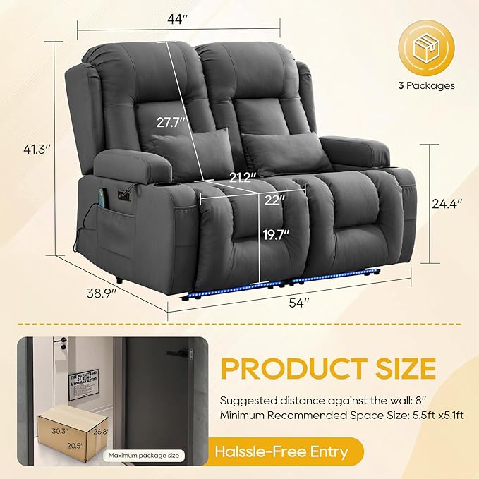 IPKIG 54" Power Reclining Loveseat Sofa, Electric Home Theater Seating with 4 Colors Ambient Lighting/USB Ports/Cup Holders for Living Room, Bedroom, Home, RVs(Dark Grey, 2 Seater)