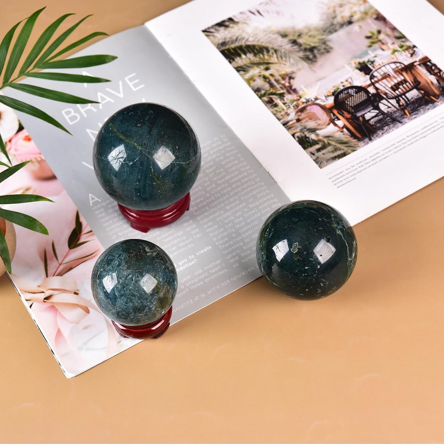 JIC Gem Natural Ocean Jasper Crystal Sphere Decorative Ball with Wooden Stand Meditation Balls for Witchcraft Reiki Healing Gift 50-60mm