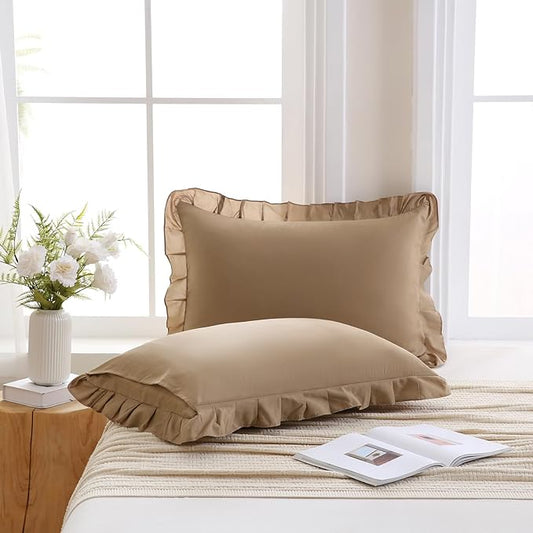 Merryword Taupe Pillowcases King Size Ruffled Pillow Shams Set of 2 Cute Pillowcases Taupe Shabby Chic Pillow Cover 2 Pack
