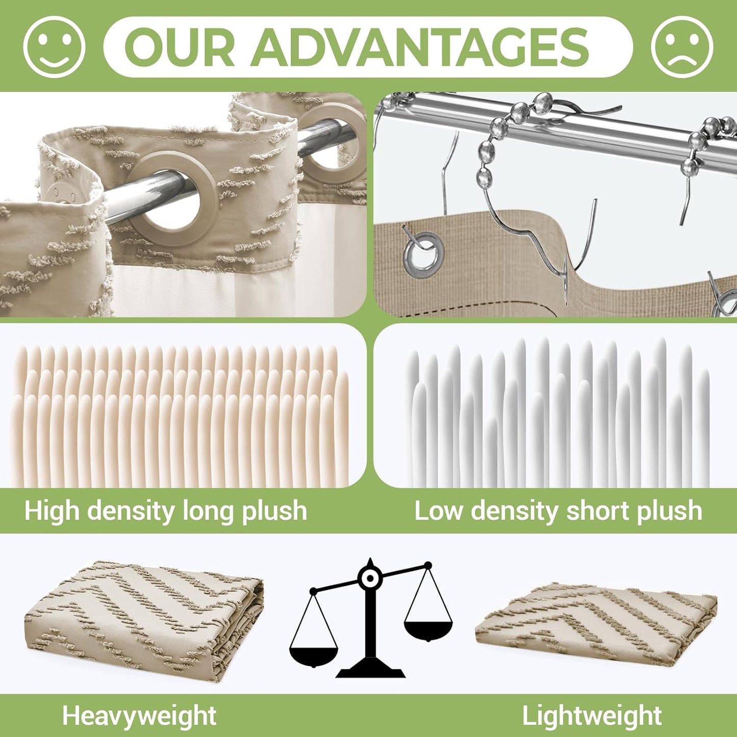 No Hook Shower Curtain with Snap in Liner, Tufted Chevron Striped Shower Curtain Set for Bathroom, Boho Waterproof and Washable Shower Curtains, 71Wx74H, Beige