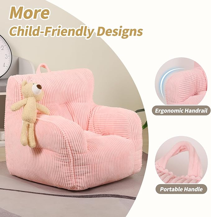 Kids Bean Bag Chair with a Plush Bear, Comfy Toddler Chair for Boys and Girls, Pink
