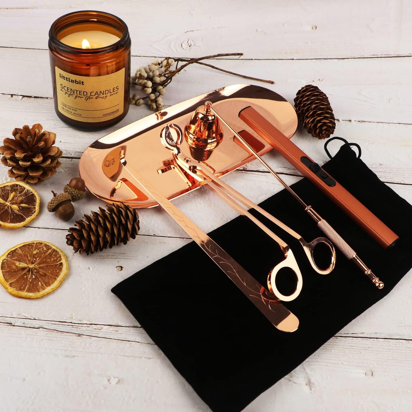 5 in 1 Candle Accessory Set, Candle Wick Trimmer Cutter, Candle Snuffer & Candle Wick Dipper,USB Rechargeable Lighter, Storage Tray Plate for Candle Lover Mom Gift, Candle Care Kit (Rose Golden)