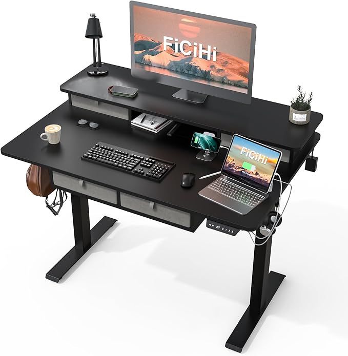 Adjustable Height Standing Desk with 4 Drawers,48 x 30 inches Electric Sit Stand Desk for Home Office,3 Memory Presets,Monitor Stand Riser,USB A/C Charging Port