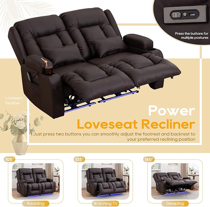 IPKIG 54" Power Loveseat Recliner Sofa, Electric Home Theater Seating with Massage Heat/4 Colors Ambient Lights/USB Port/Side Pocket/Cup Holder for Living Room, Bedroom, Home (Brown, 2 Seater)