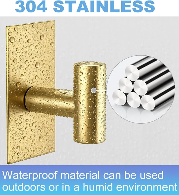 4 Pcs Towel Hooks Heavy Duty for Hanging，Adhesive Wall Hooks with Removable Strips，Sticky No Damage，Outdoor for Bathrooms，Shower，Stockings，Decor，Robe，Large，Gold 304 Stainless Steel