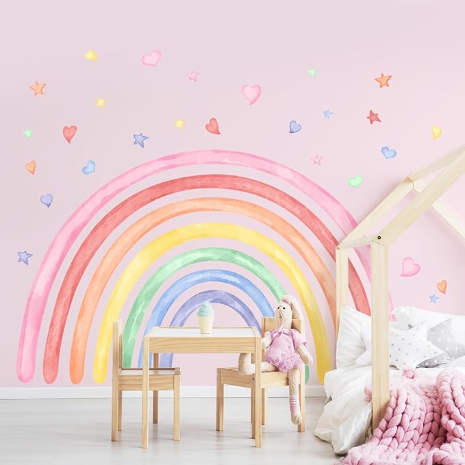 77" x 47" Large Rainbow Wall Decals Stickers for Girls Nursery Peel and Stick Watercolor Rainbow Hearts Stars Vinyl Wall Mural Art for Kids Toddlers Bedroom Playroom Classroom