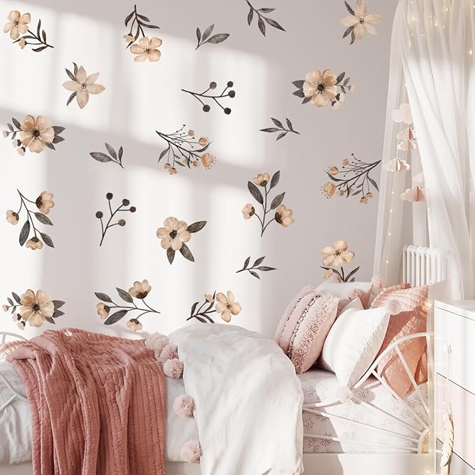 Boho Flower Wall Decals - Watercolor Wildflower Wall Art, Girls & Kids Room Decor